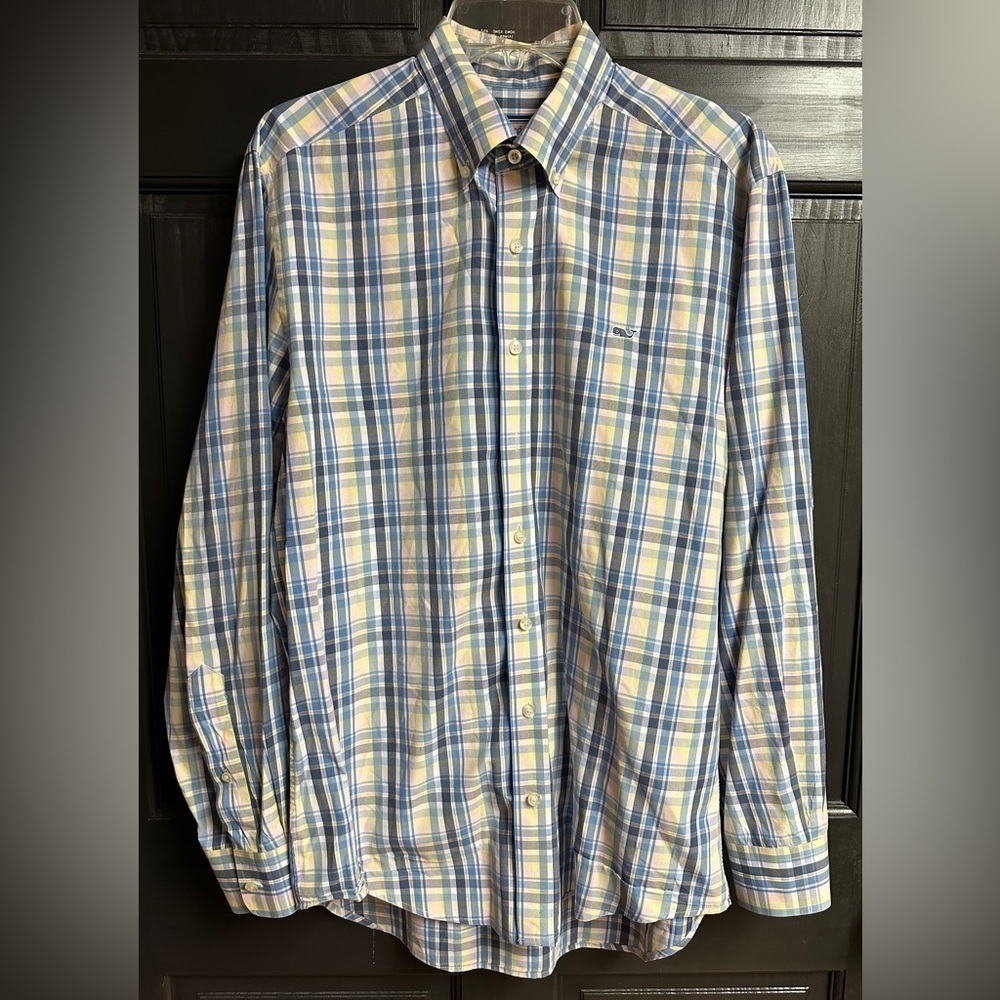 Vineyard Vines Men’s Sz M Blue, Pink, & White Plaid Slim Fit Long Sleeve Shirt